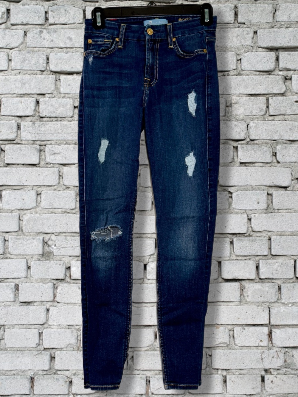 7 For All Mankind Dark Blue Distressed Skinny Jeans size 24